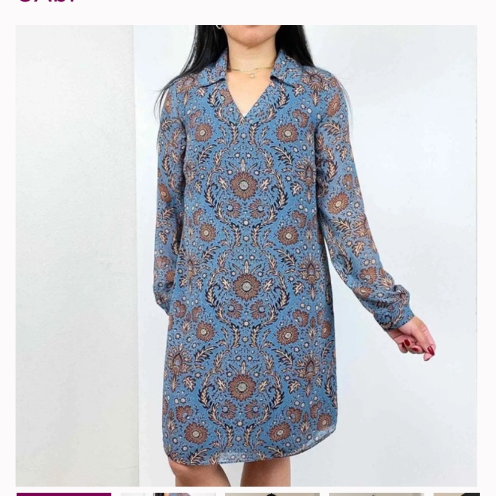 Cabi Dress | 3295 Paisley Shift Mini Dress | Blue & Brown | Long Sleeve | S EUC